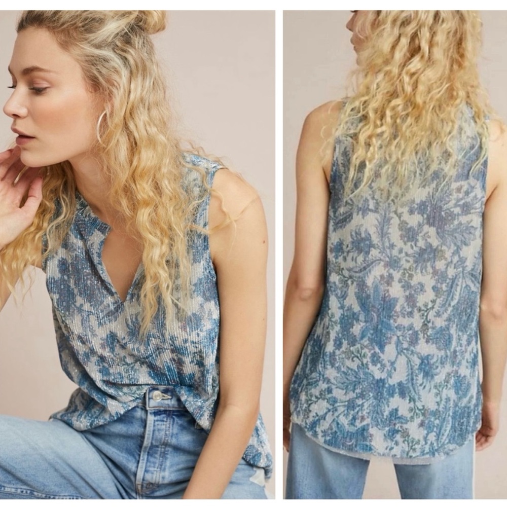 Anthropologie Vanessa Virginia Blue Floral Shimmer Grand Cayman Blouse XS